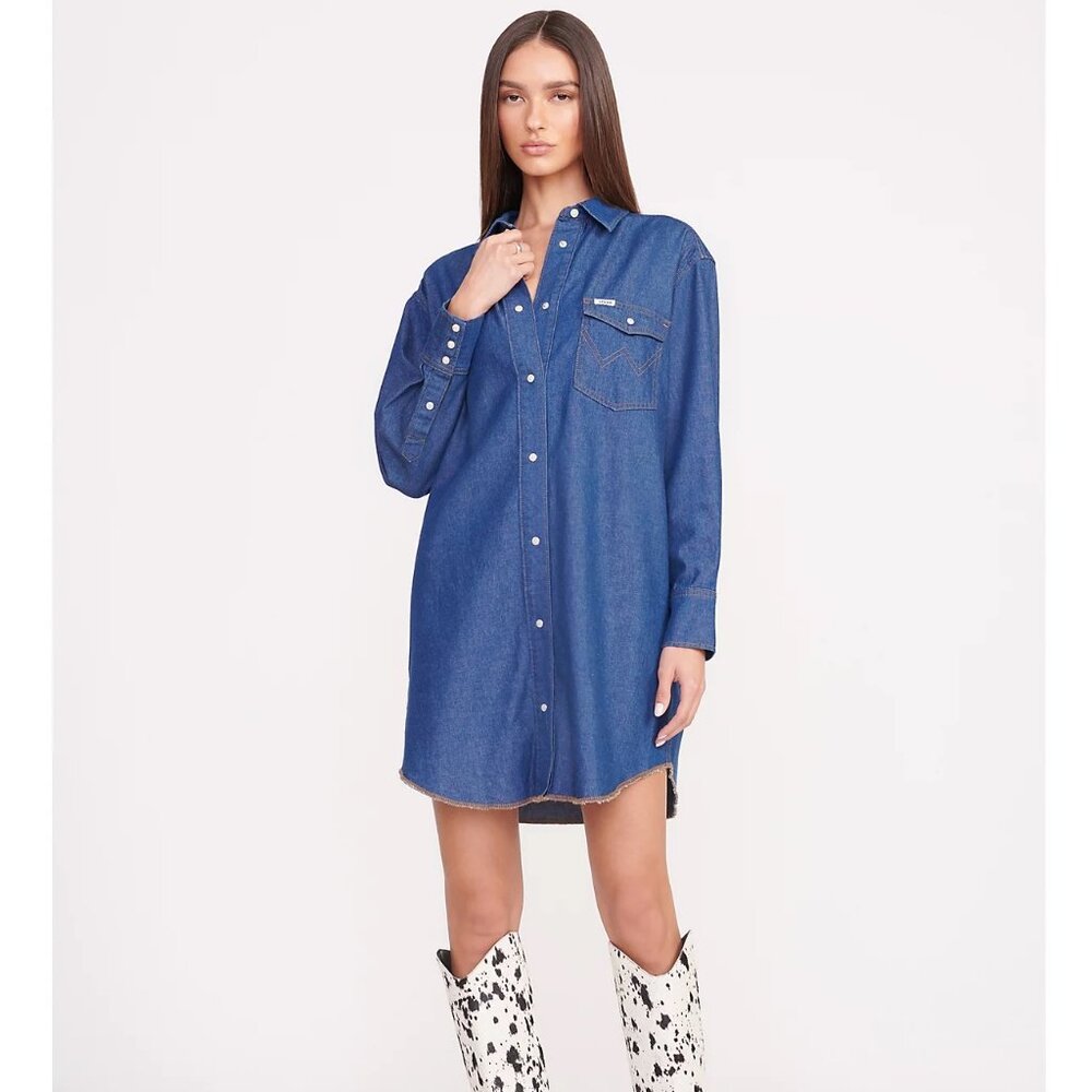 NEW Staud + Wrangler The Oversized Western Shirt Dress in Dark Rinse